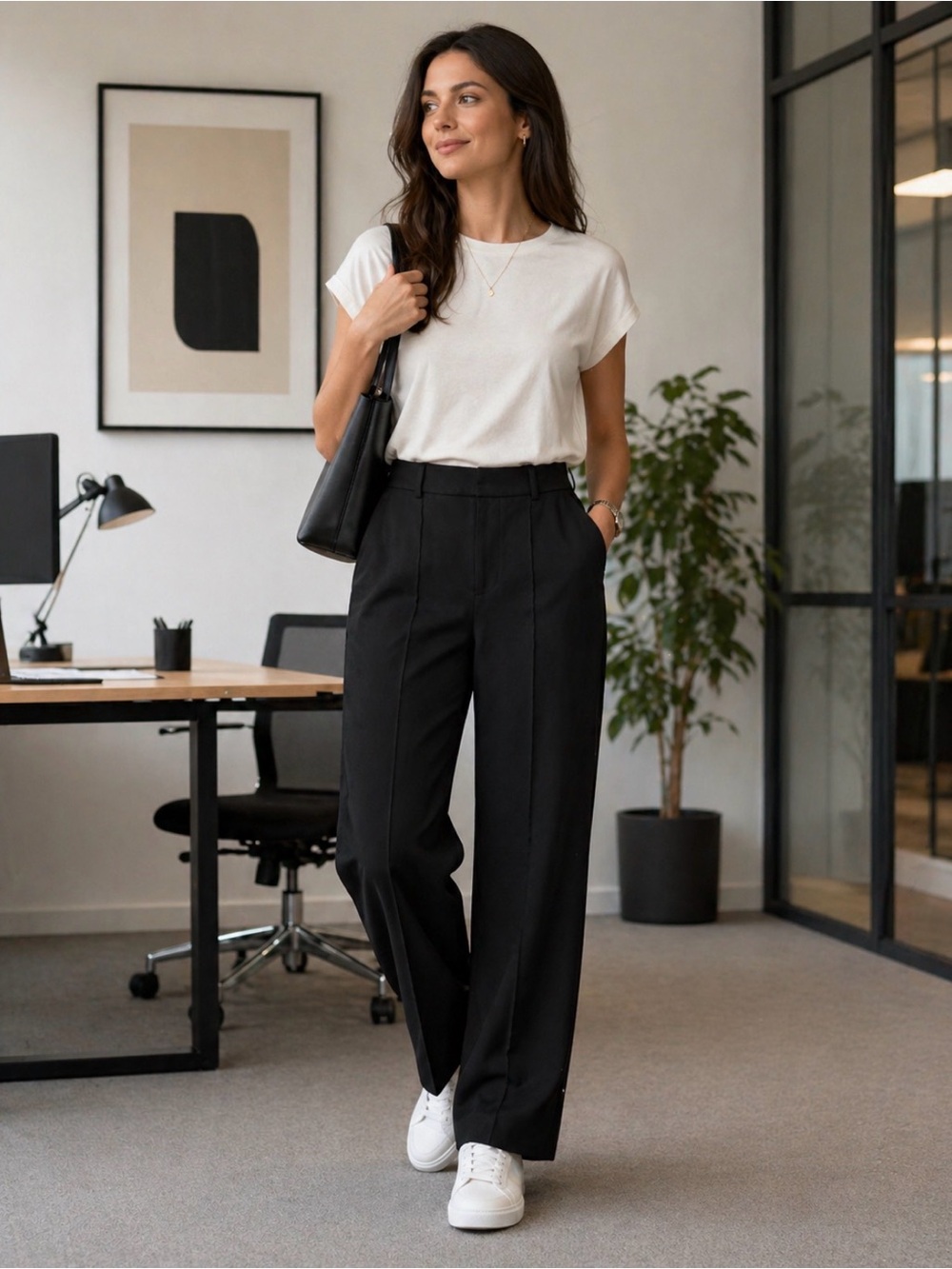 Jones & Co Black high-waisted stretchy wide leg trousers Size 8